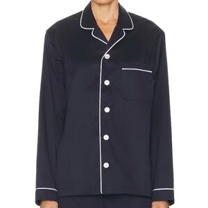 Tekla navy organic cotton Button-Up Pajama Top with White Trim size medium new